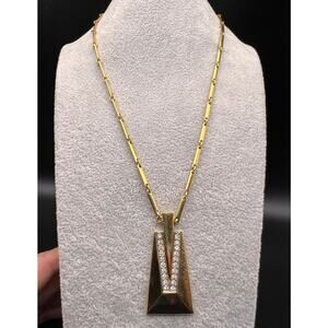 Vintage crown Trifari modernist rhinestone pendant necklace geometric gold tone